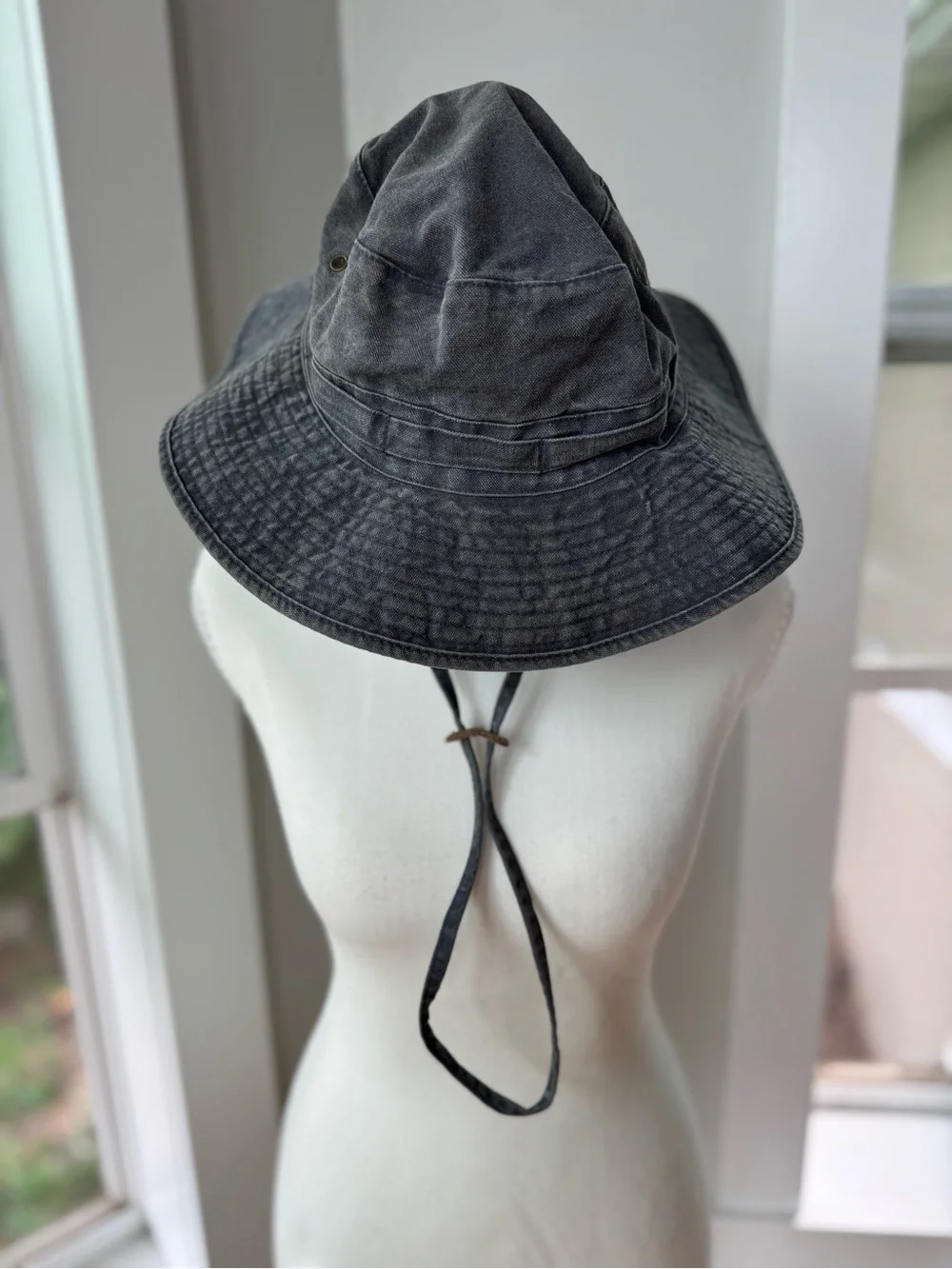 Vintage 90s Washed Black Cotton Bucket Hat Chin Strap w Leather Trim Unisex